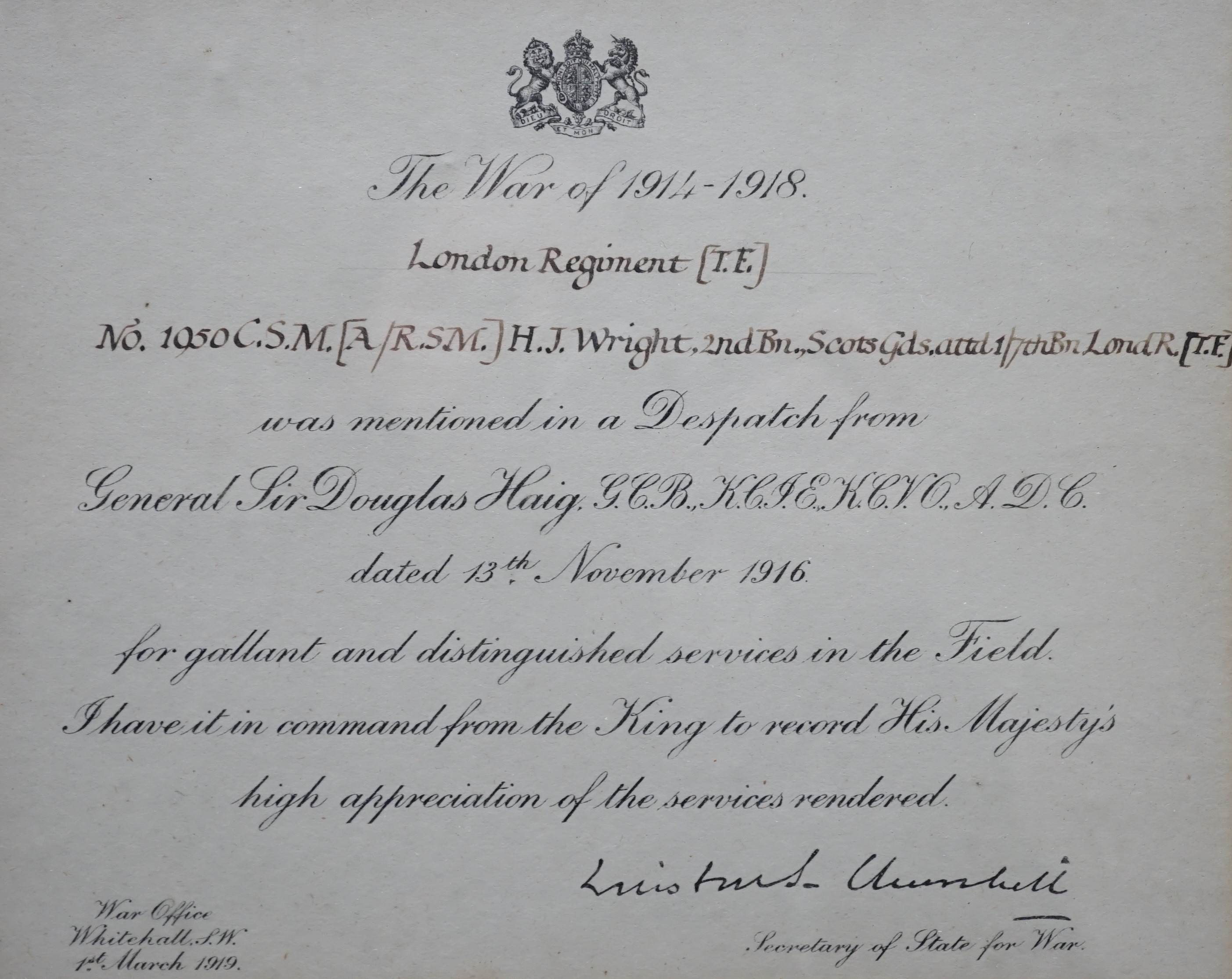 Two WWI 'mentioned in despatches' documents and an inscribed photo of a coachman (3)